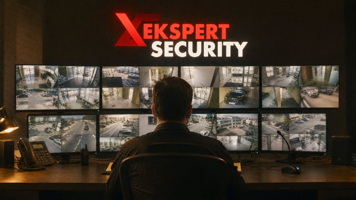 Centrum monitoringu Ekspert Security z podświetlanym logo nad ścianą monitorów