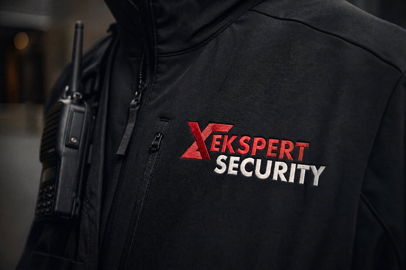 Haftowane logo Ekspert Security na czarnej kurtce pracownika ochrony z radiotelefonem