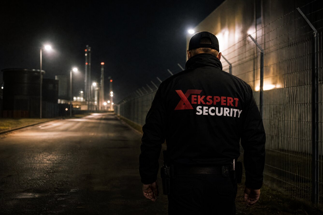 Pracownik ochrony Ekspert Security na nocnym patrolu wzdłuż ogrodzenia zakładu