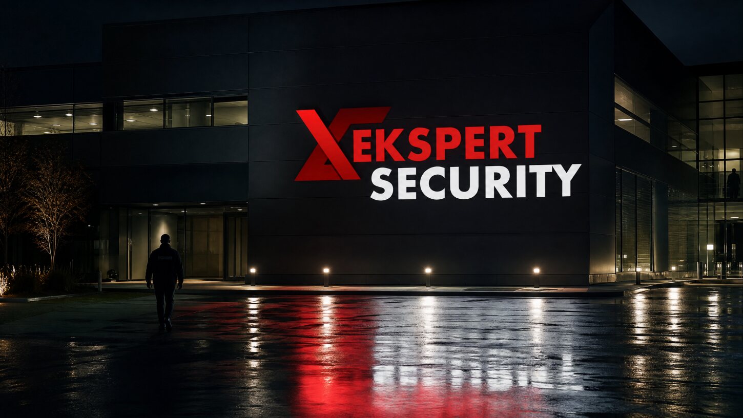 Podświetlane logo Ekspert Security na elewacji siedziby firmy nocą