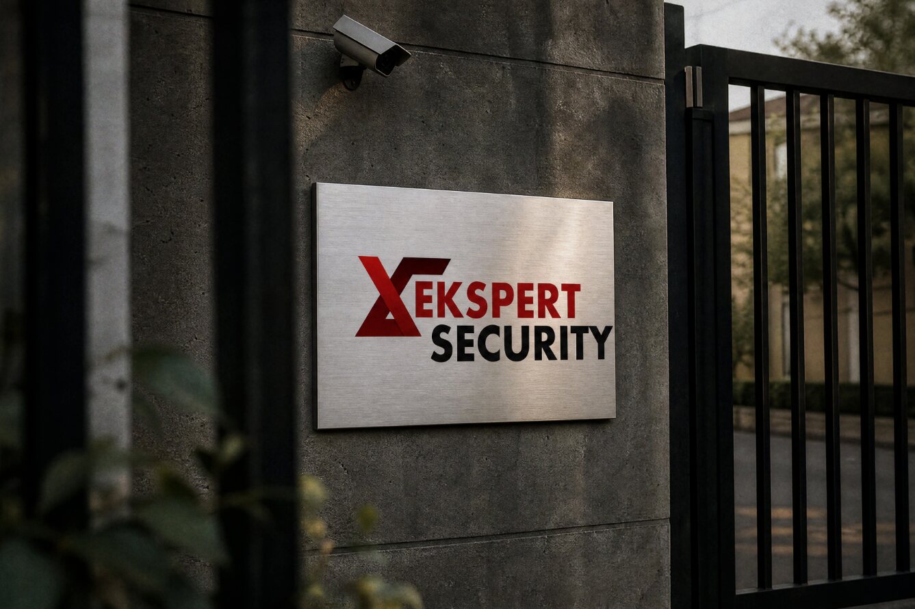 Tablica z logo Ekspert Security przy bramie chronionego obiektu