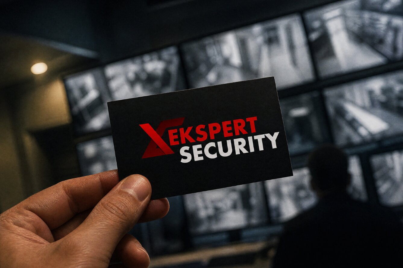 Czarna wizytówka Ekspert Security trzymana w dłoni na tle monitorów CCTV