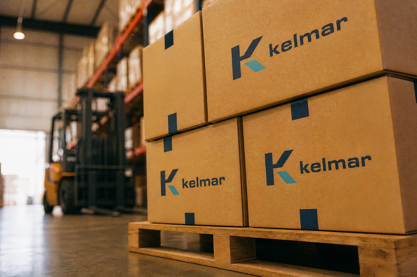 Kartony wysyłkowe z logo Kelmar na palecie w magazynie