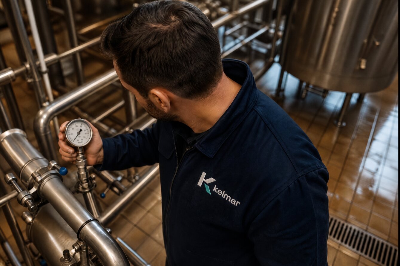 Technik w granatowej kurtce roboczej z logo Kelmar przy instalacji w mleczarni